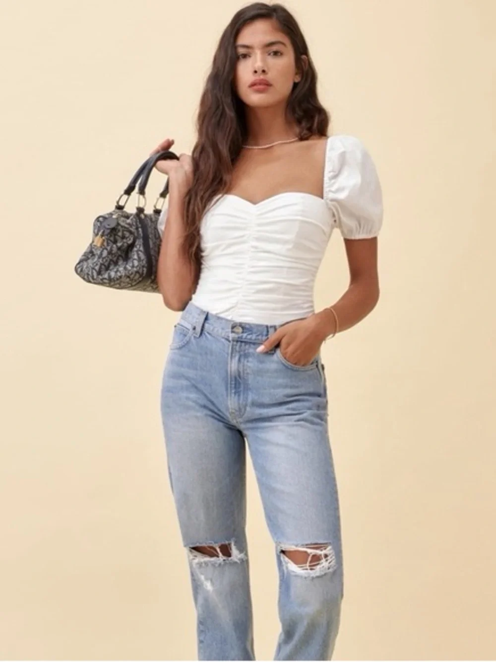 Reformation White Ruched Puff-Sleeve Sweetheart Top
